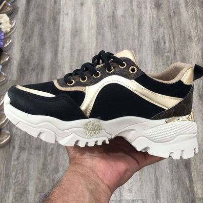Sneaker Ilvy – Black, Gold & Beige PU Leather Sneakers for Women