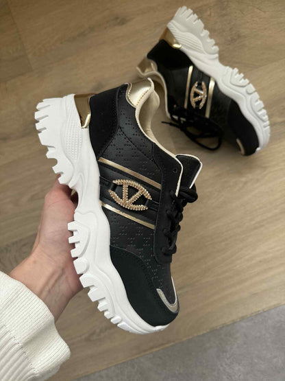 Sneakers Kaela – White PU Leather Sneakers with Black & Gold Detail