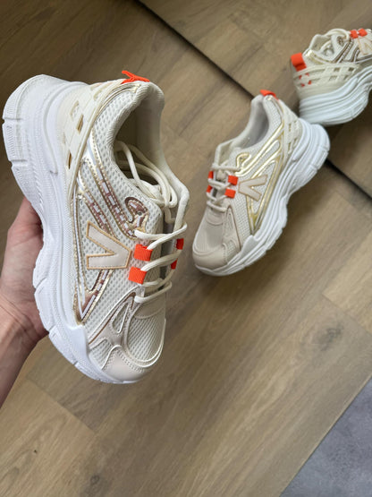 Sneakers Mirelle – Beige & Orange PU Leather Fashion Sneakers
