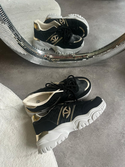 Sneakers Kaela – White PU Leather Sneakers with Black & Gold Detail