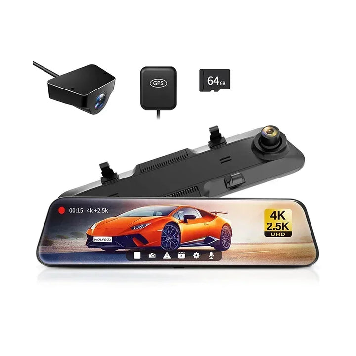 4K+2.5K Rearview Mirror Dash Cam 12" Screen w/ GPS & Rear Camera