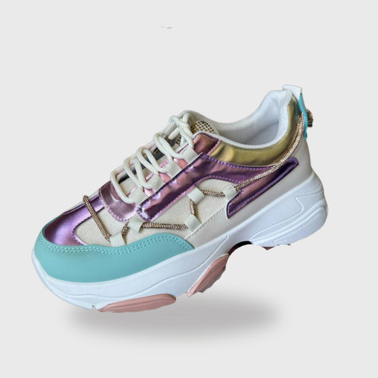 Sneaker Ayla – Multicolor PU Leather Sneakers with Gold & Pastel Details