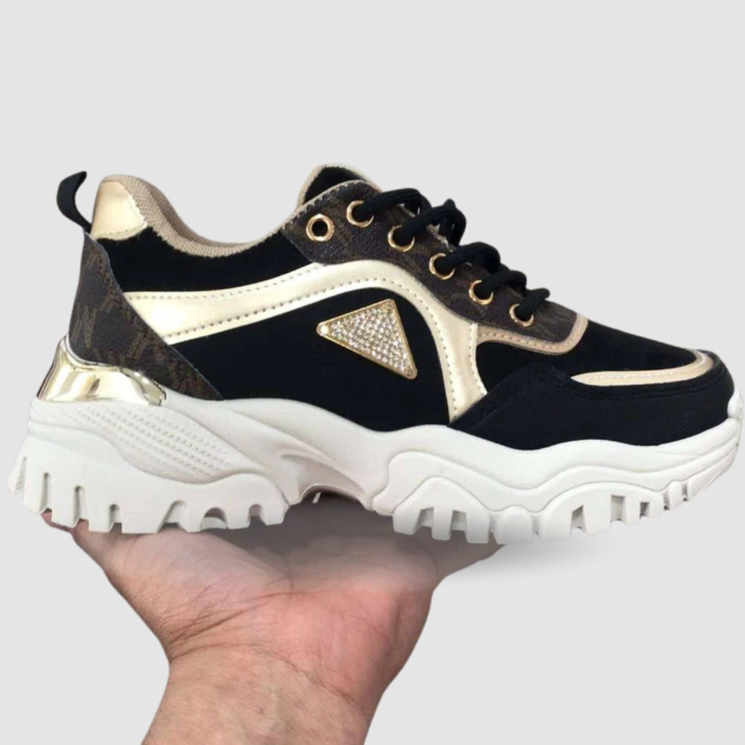 Sneaker Ilvy – Black, Gold & Beige PU Leather Sneakers for Women
