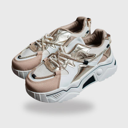 Sneakers Elvira Beige – Girls' PU Leather Sneakers in White, Gold & Beige