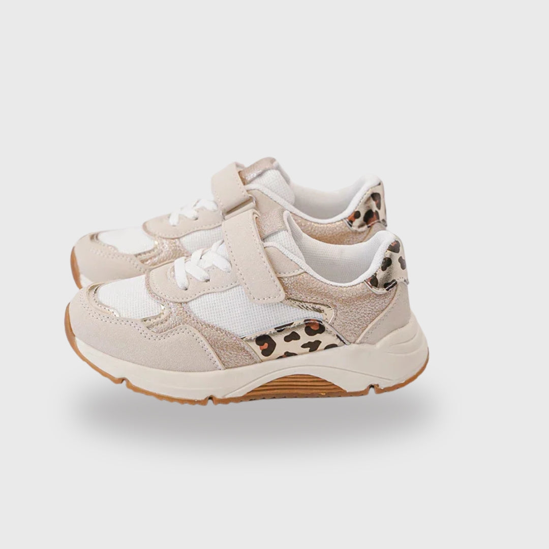 Kids Sneakers Zoë Beige – Gold Accent PU Leather Shoes with Leopard Print