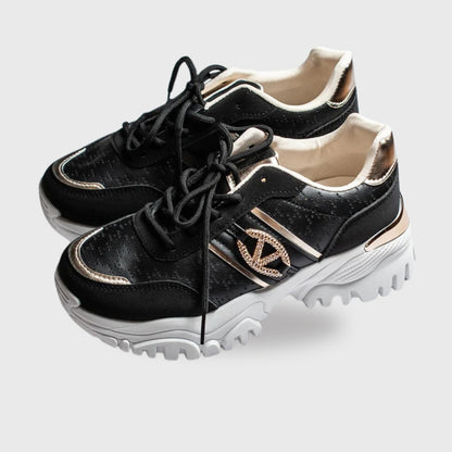 Sneakers Kaela – White PU Leather Sneakers with Black & Gold Detail