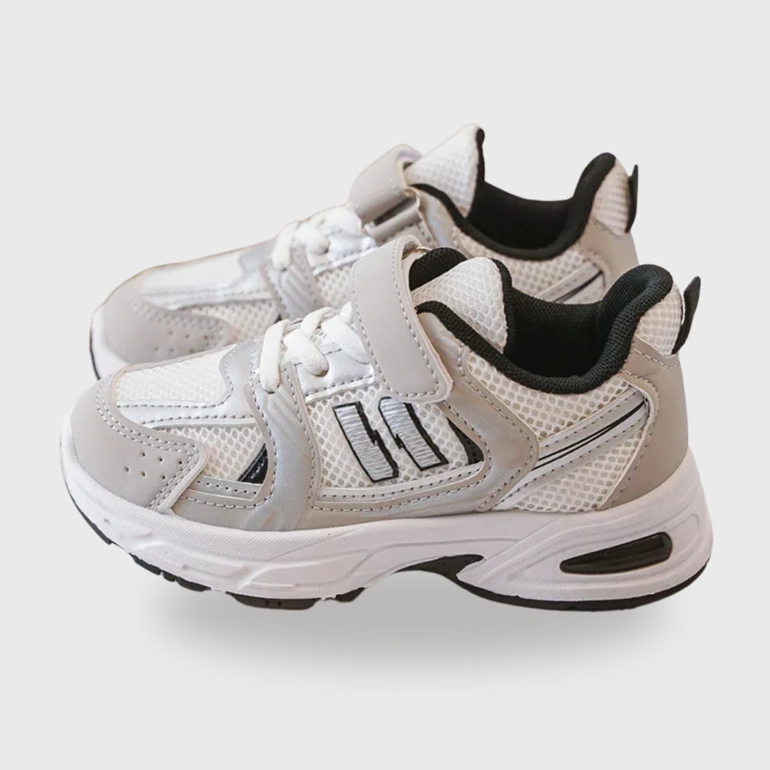 Kids Sneakers Bibi Grey – White PU Leather Sneakers with Grey & Black Accents