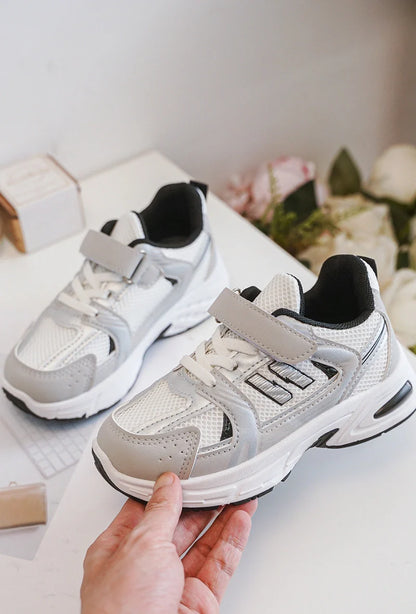 Kids Sneakers Bibi Grey – White PU Leather Sneakers with Grey & Black Accents