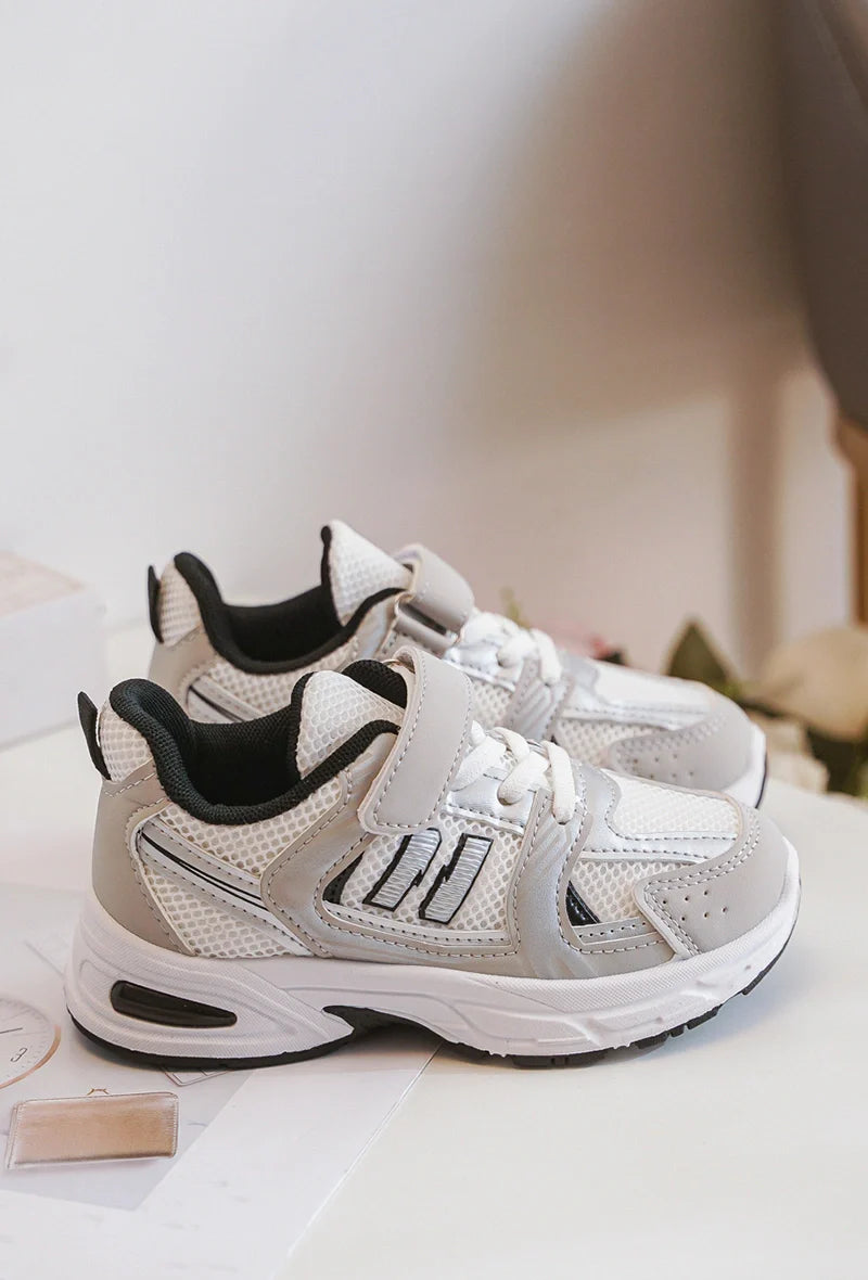 Kids Sneakers Bibi Grey – White PU Leather Sneakers with Grey & Black Accents