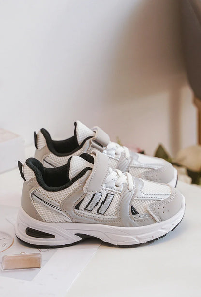 Kids Sneakers Bibi Grey – White PU Leather Sneakers with Grey & Black Accents