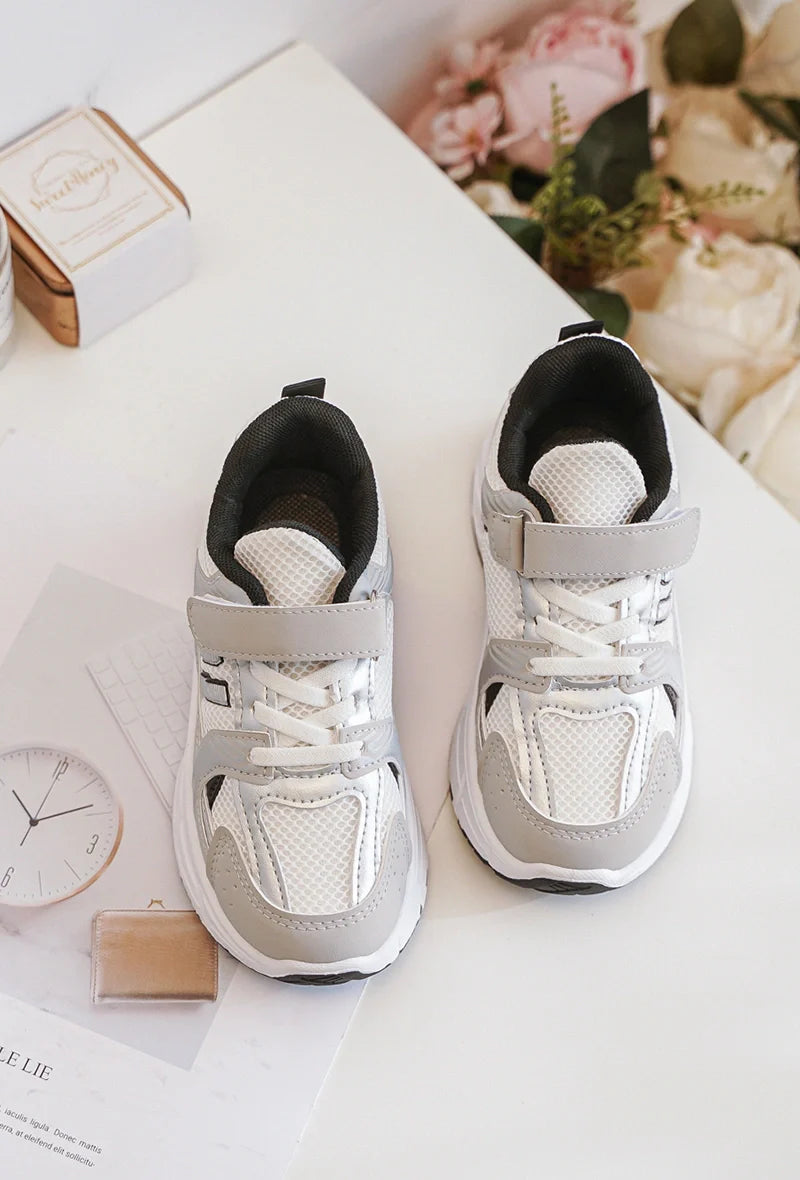 Kids Sneakers Bibi Grey – White PU Leather Sneakers with Grey & Black Accents