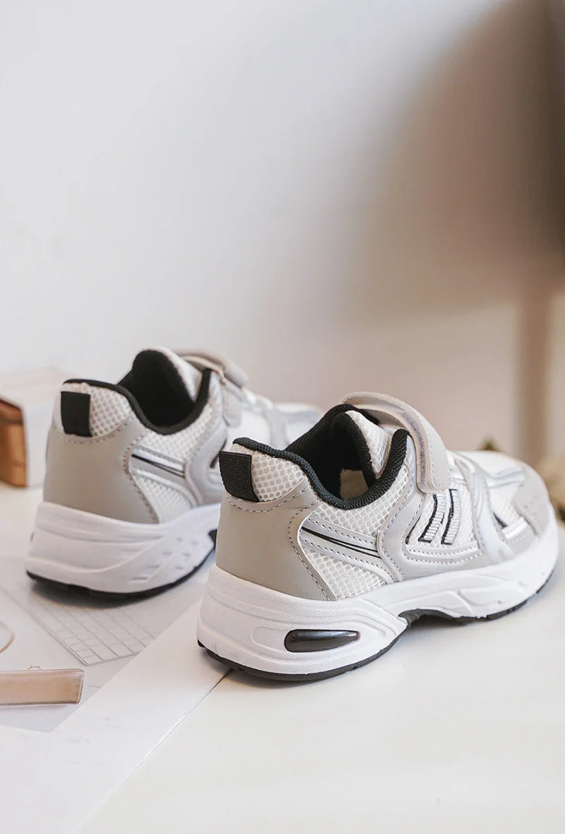 Kids Sneakers Bibi Grey – White PU Leather Sneakers with Grey & Black Accents