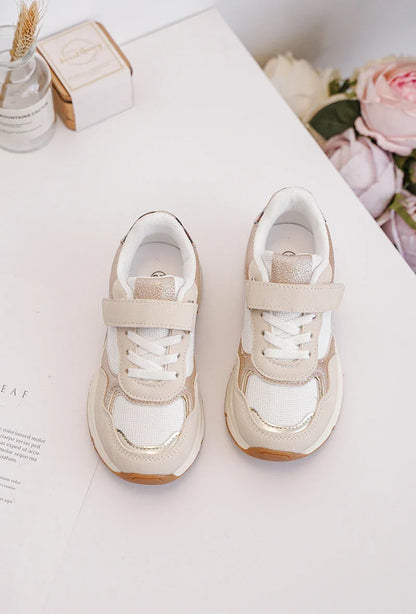 Kids Sneakers Zoë Beige – Gold Accent PU Leather Shoes with Leopard Print