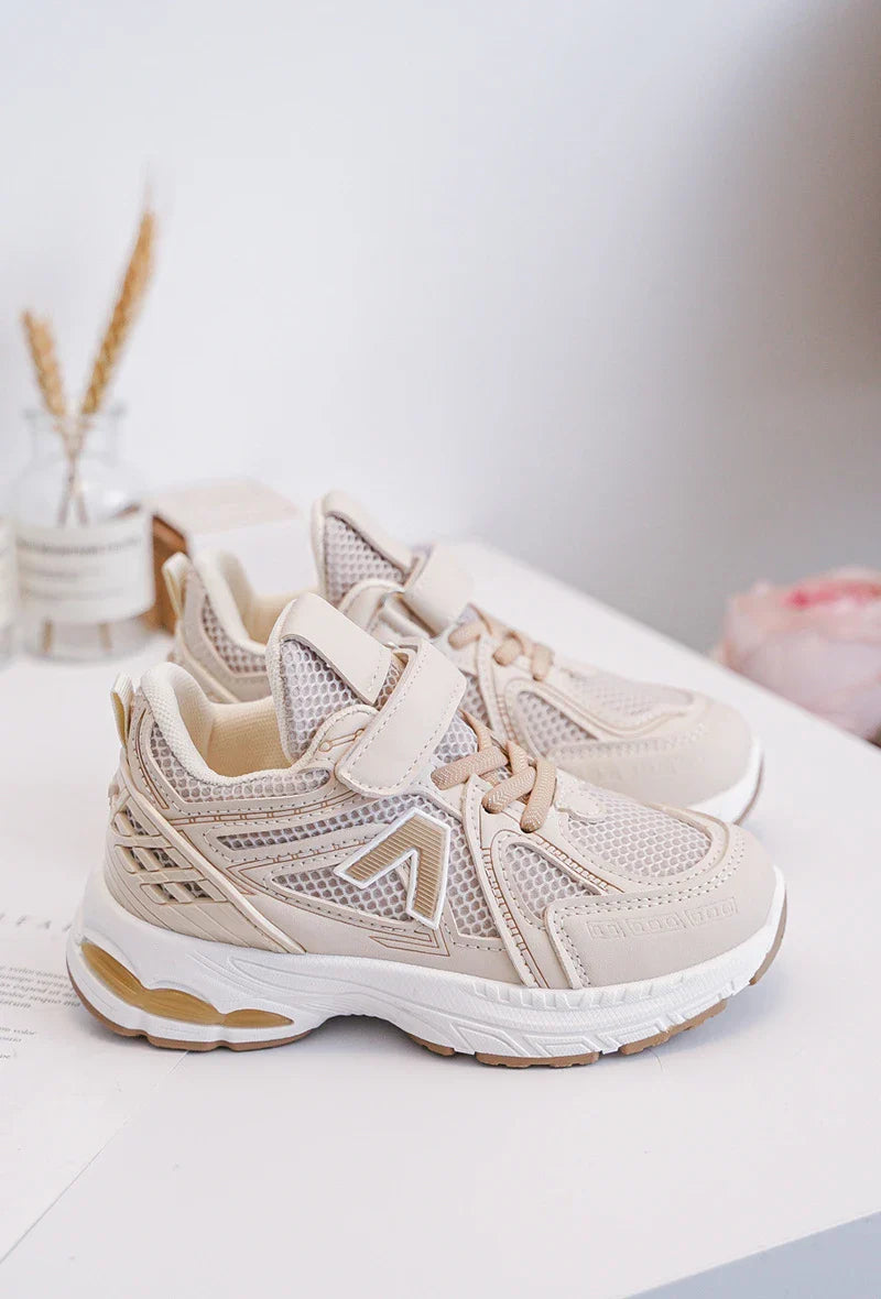 Kids Sneakers Puck – Beige & White PU Leather Sneakers for Boys & Girls