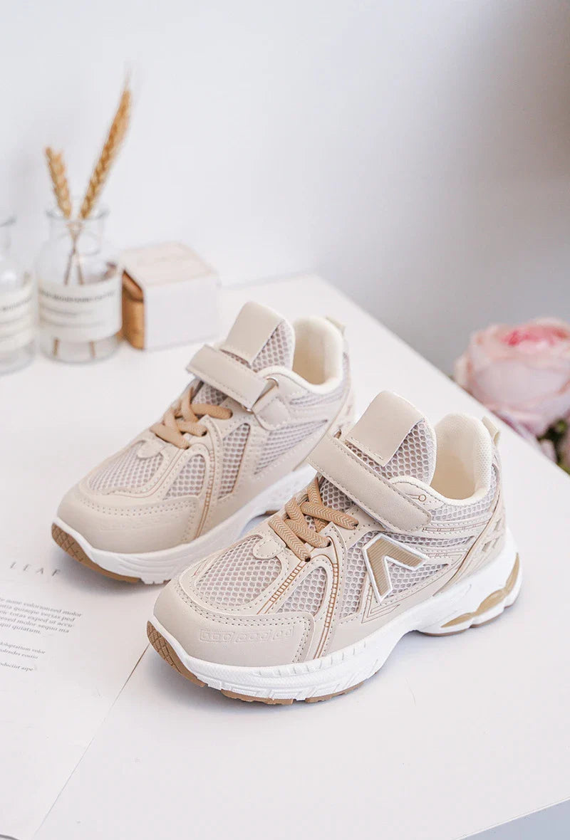 Kids Sneakers Puck – Beige & White PU Leather Sneakers for Boys & Girls
