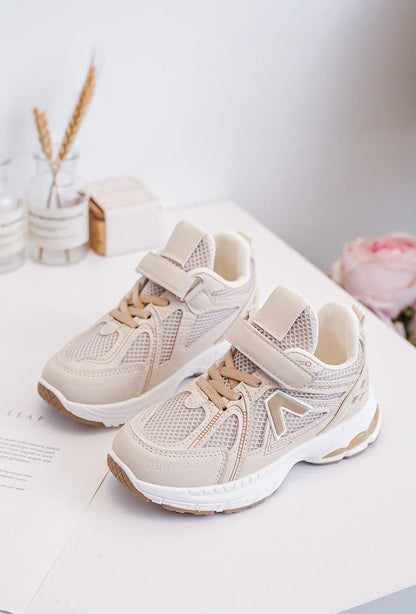 Kids Sneakers Puck – Beige & White PU Leather Sneakers for Boys & Girls