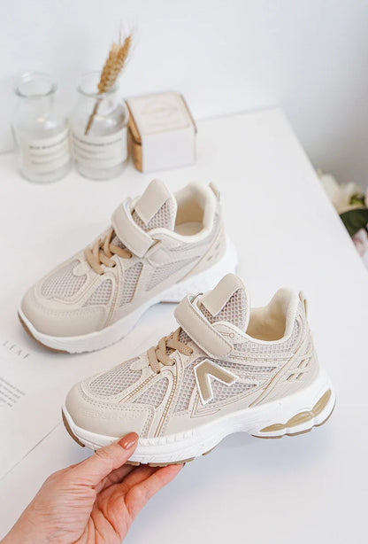 Kids Sneakers Puck – Beige & White PU Leather Sneakers for Boys & Girls