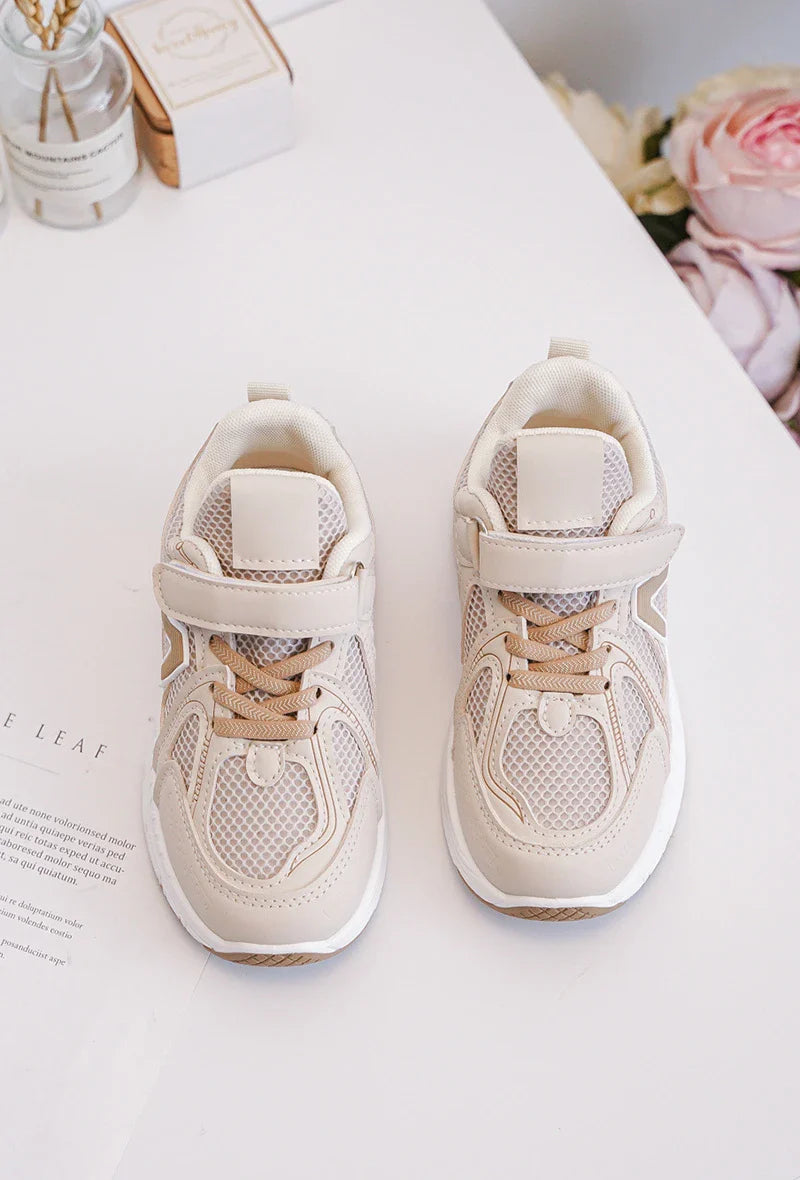 Kids Sneakers Puck – Beige & White PU Leather Sneakers for Boys & Girls