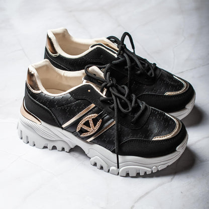 Sneakers Kaela – White PU Leather Sneakers with Black & Gold Detail