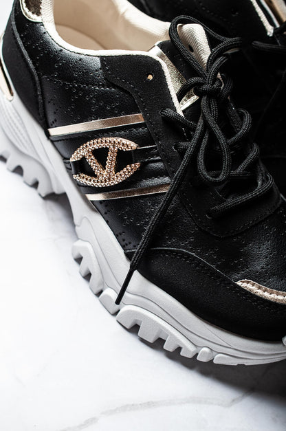 Sneakers Kaela – White PU Leather Sneakers with Black & Gold Detail