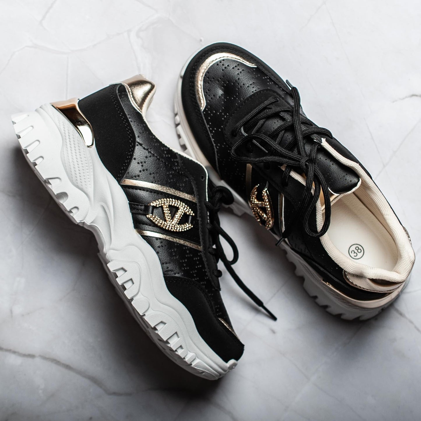Sneakers Kaela – White PU Leather Sneakers with Black & Gold Detail