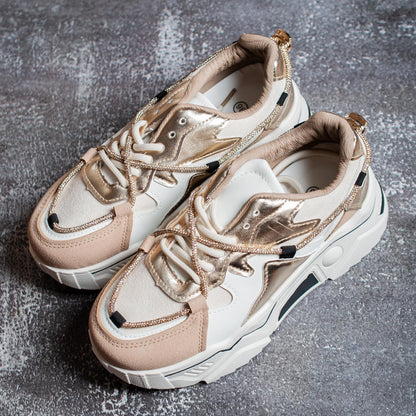 Sneakers Elvira Beige – Girls' PU Leather Sneakers in White, Gold & Beige