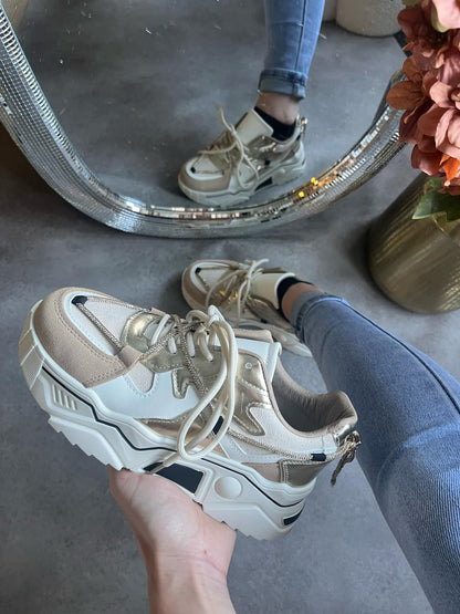 Sneakers Elvira Beige – Girls' PU Leather Sneakers in White, Gold & Beige